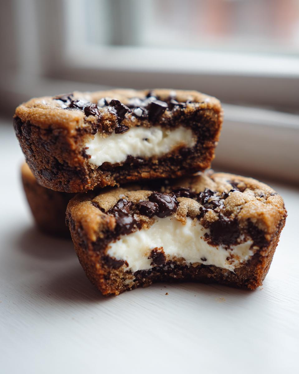 Two halves of a chocolate chip cheesecake cookie cup showing the creamy white cheesecake filling inside.