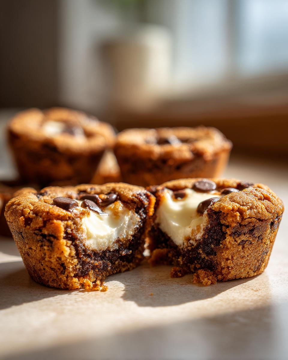 A chocolate chip cheesecake cookie cup cut in half showing the creamy white cheesecake filling inside the cookie.