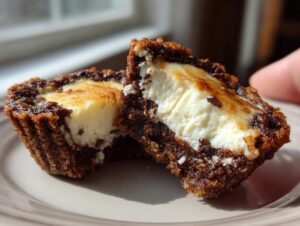 A chocolate chip cheesecake cookie cup cut in half, showing the creamy white filling inside the dark chocolate crust.