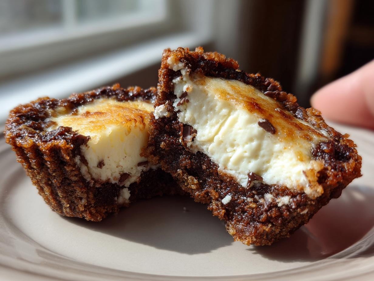 A chocolate chip cheesecake cookie cup cut in half, showing the creamy white filling inside the dark chocolate crust.