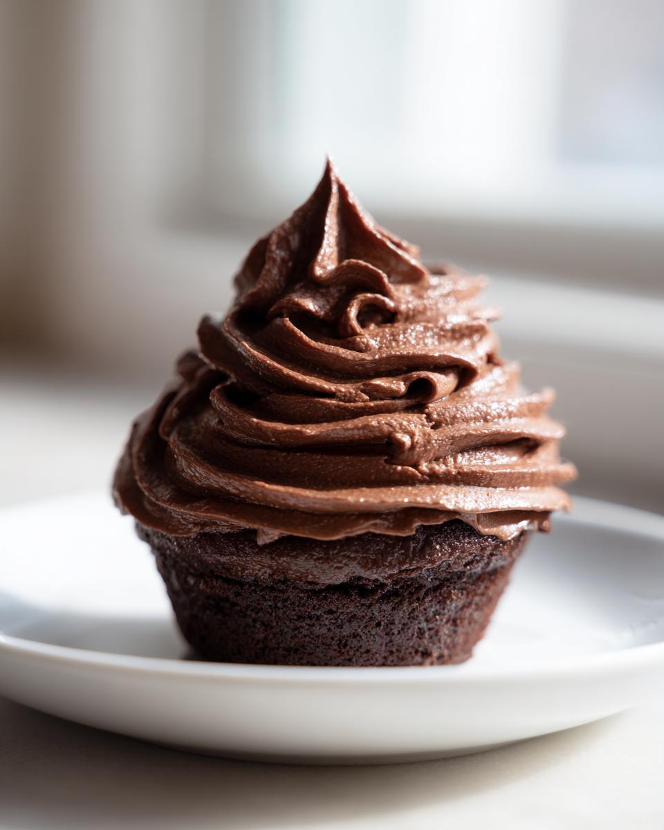 A single chocolate cupcake topped high with perfectly piped whipped chocolate buttercream frosting on a white plate.