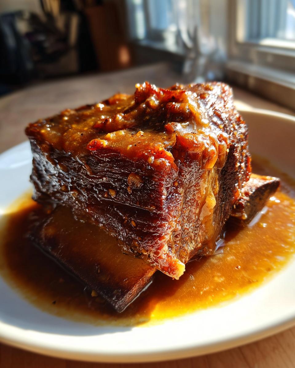 A single, tender piece of cider braised short ribs covered in a rich, glossy sauce, sitting in its braising liquid.