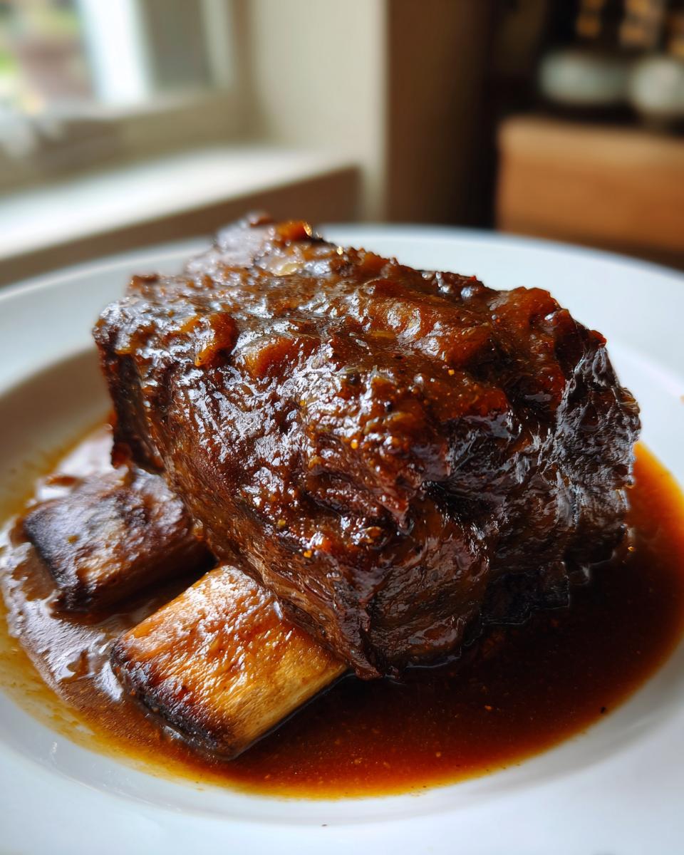 A close-up shot of a single, rich, dark brown cider braised short rib resting in its savory sauce on a white plate.