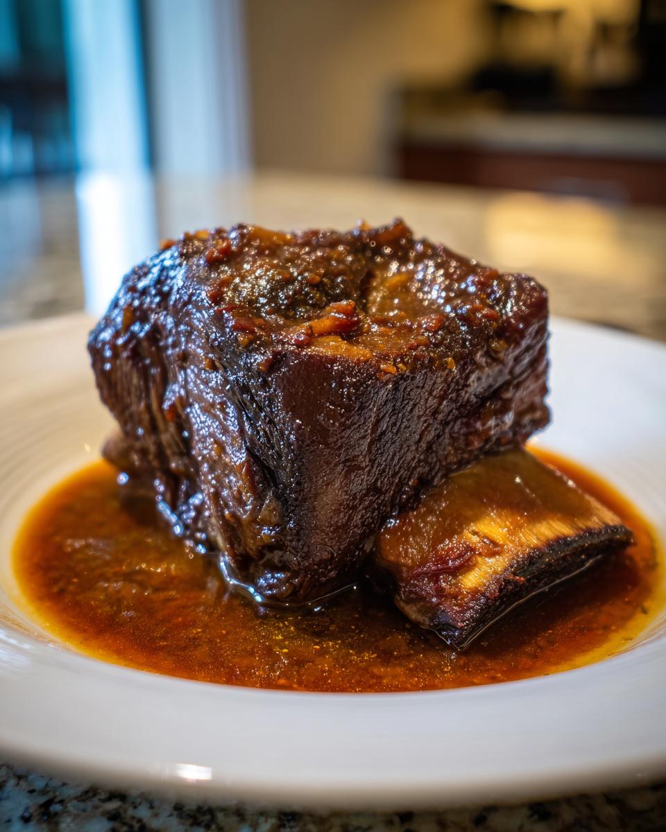 A single, dark, glazed piece of cider braised short ribs sitting in its rich sauce on a white plate.
