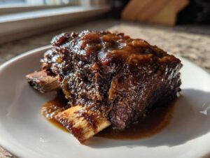 A single, dark, glistening piece of cider braised short ribs sitting in its rich sauce on a white plate.