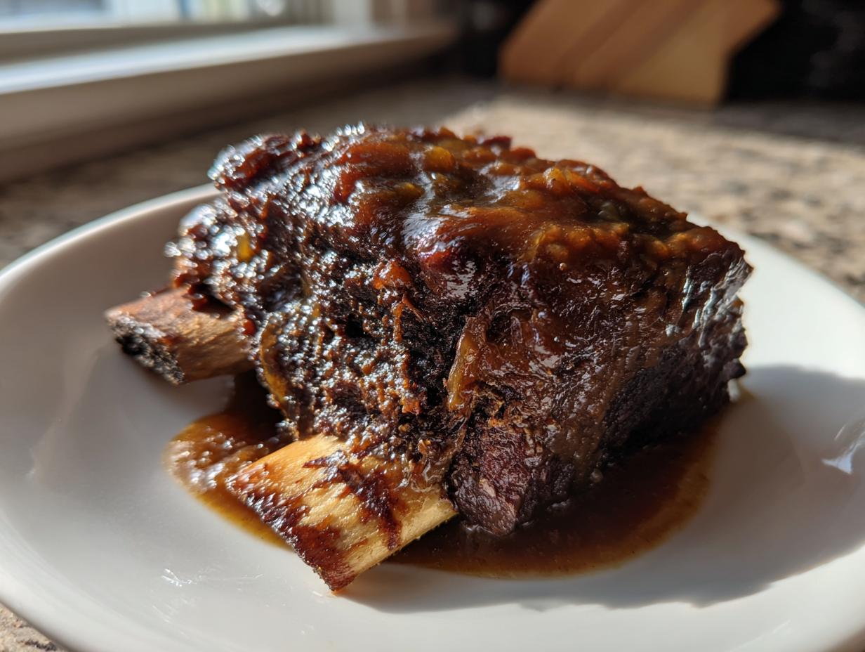 A single, dark, glistening piece of cider braised short ribs sitting in its rich sauce on a white plate.