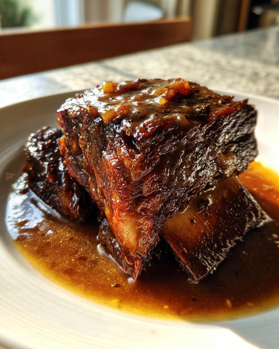 Close-up of tender cider braised short ribs stacked on a plate, covered in a rich, dark glaze.