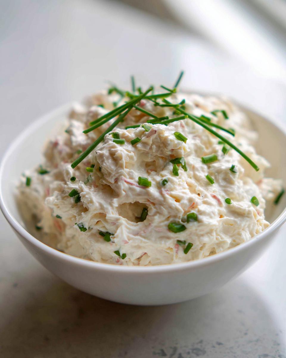Close-up of a creamy cold crab dip served in a white bowl, topped with fresh chopped chives.