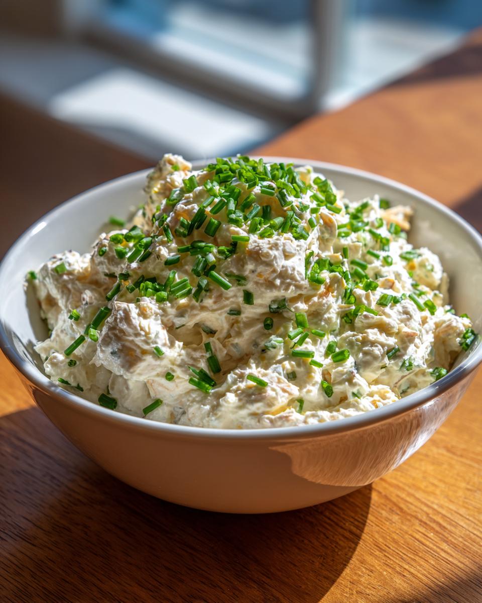 A bowl of creamy cold crab dip recipe garnished generously with freshly chopped green chives.