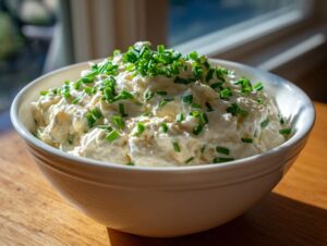 A white bowl filled with creamy cold crab dip recipe, generously topped with fresh chopped green chives.