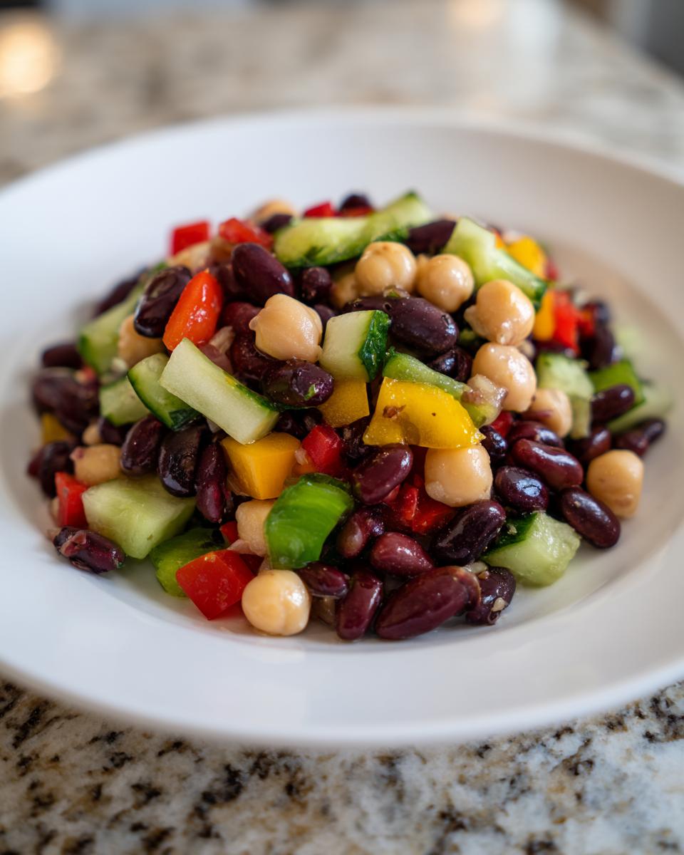 A close-up of a vibrant bean salad featuring kidney beans, chickpeas, cucumber, and bell peppers.