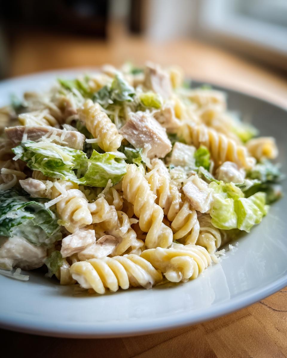 A close-up shot of creamy caesar chicken pasta salad featuring rotini pasta, diced chicken, and romaine lettuce.