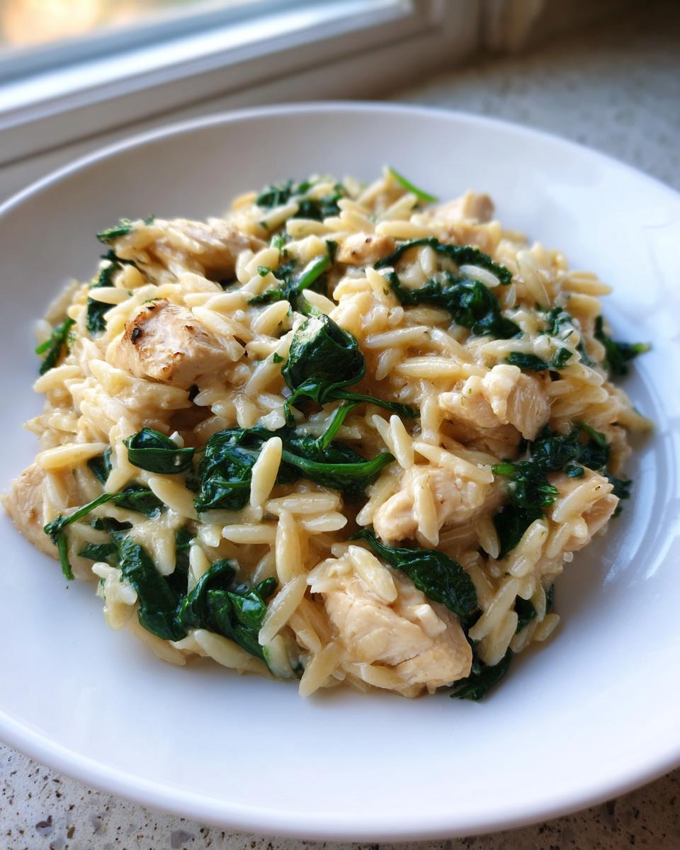 A close-up of creamy orzo pasta mixed with chunks of chicken and wilted spinach served in a white bowl.