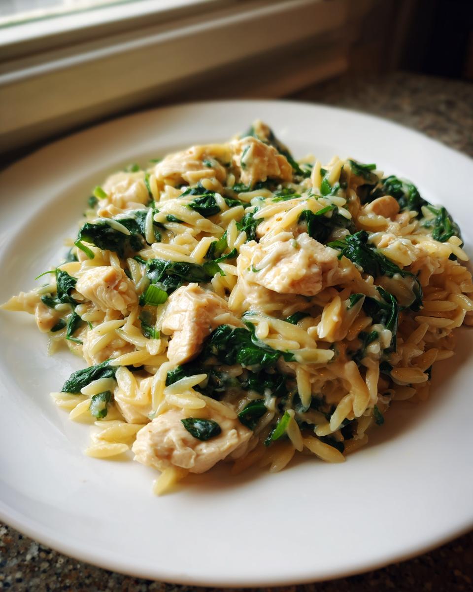 A serving of creamy orzo pasta mixed with chunks of chicken and wilted spinach on a white plate.