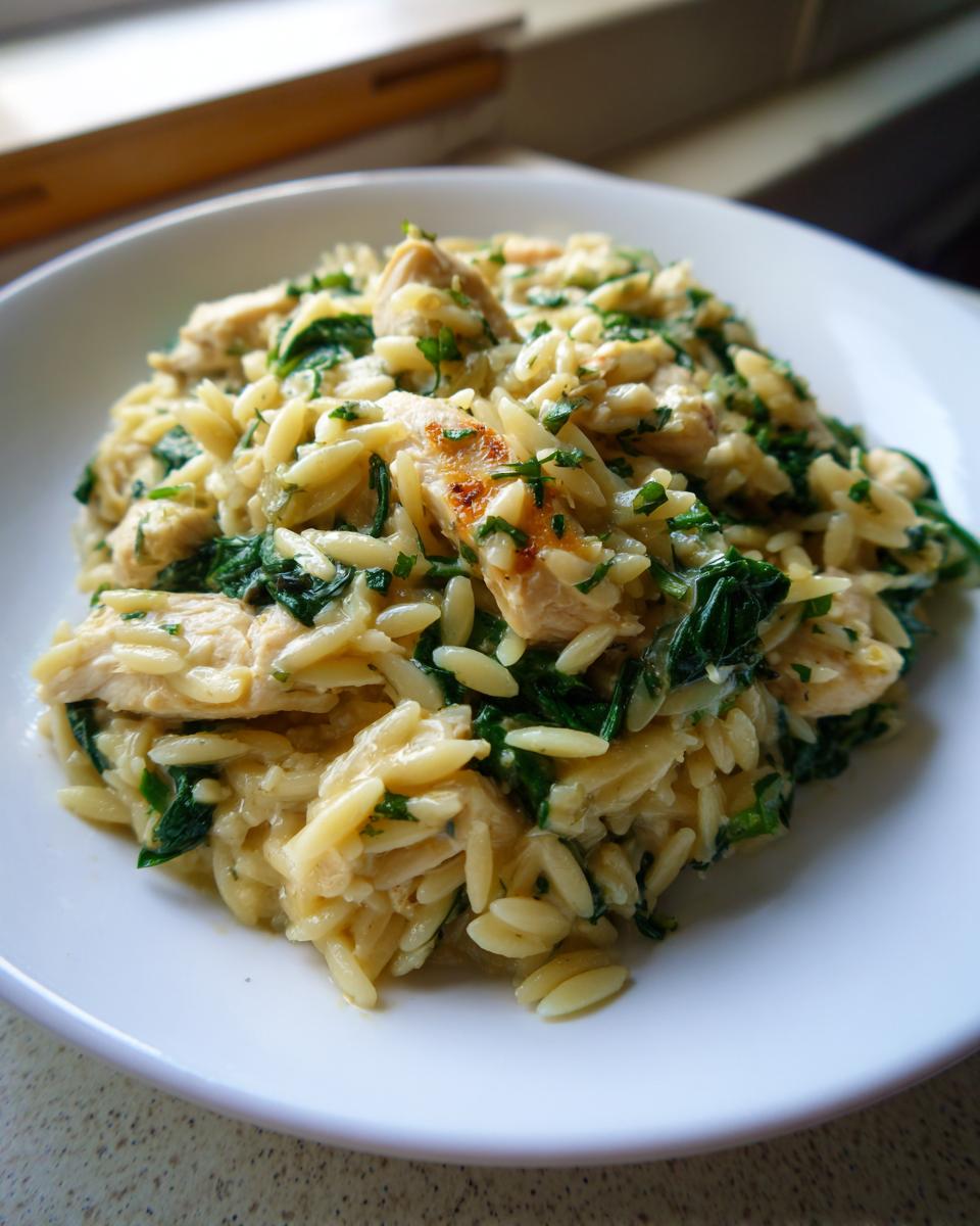 Close-up of a creamy orzo pasta dish mixed with pieces of chicken and wilted spinach, garnished with herbs.