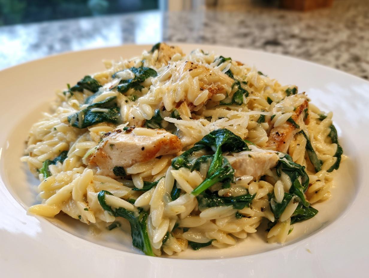 Close-up of creamy orzo pasta mixed with wilted spinach and pieces of grilled chicken, topped with Parmesan cheese.