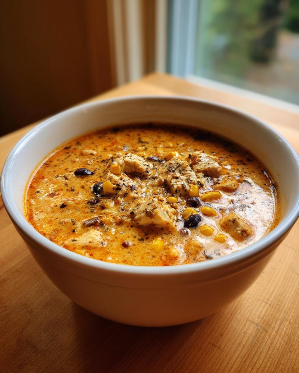 A close-up of creamy chicken taco soup with visible chunks of chicken, corn, and black beans in a white bowl.