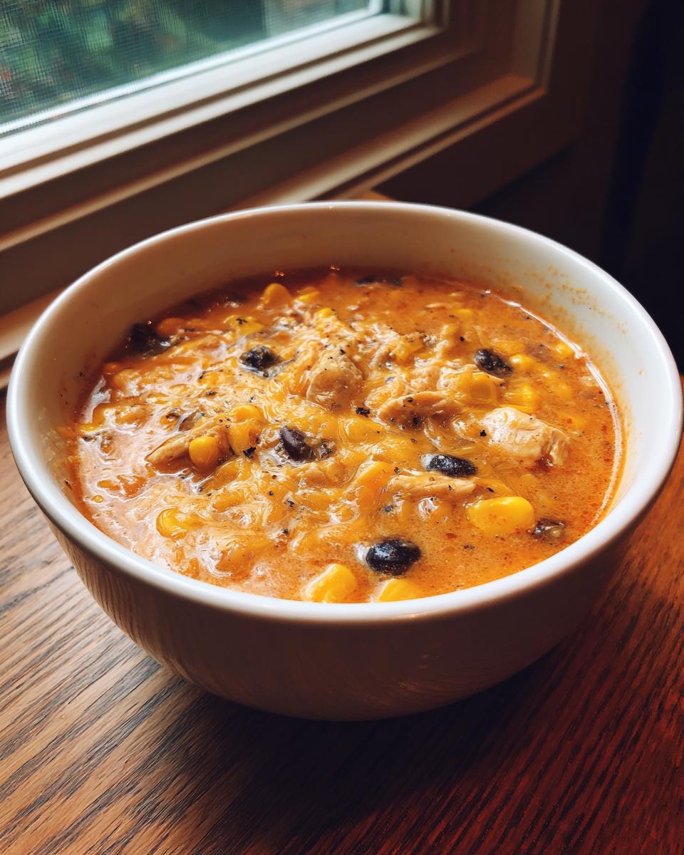 Close-up of a white bowl filled with creamy, orange-hued chicken taco soup, featuring visible chunks of chicken, corn, and black beans.