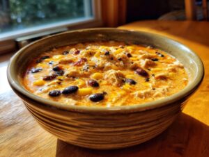 A close-up of creamy chicken taco soup featuring black beans and corn in a rustic bowl.