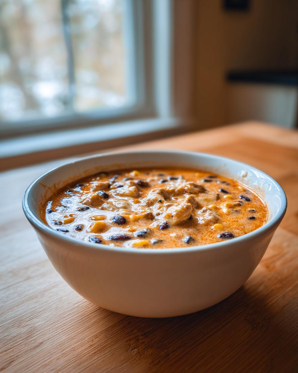 A close-up of a white bowl filled with creamy chicken taco soup, featuring black beans and corn, set on a wooden table.
