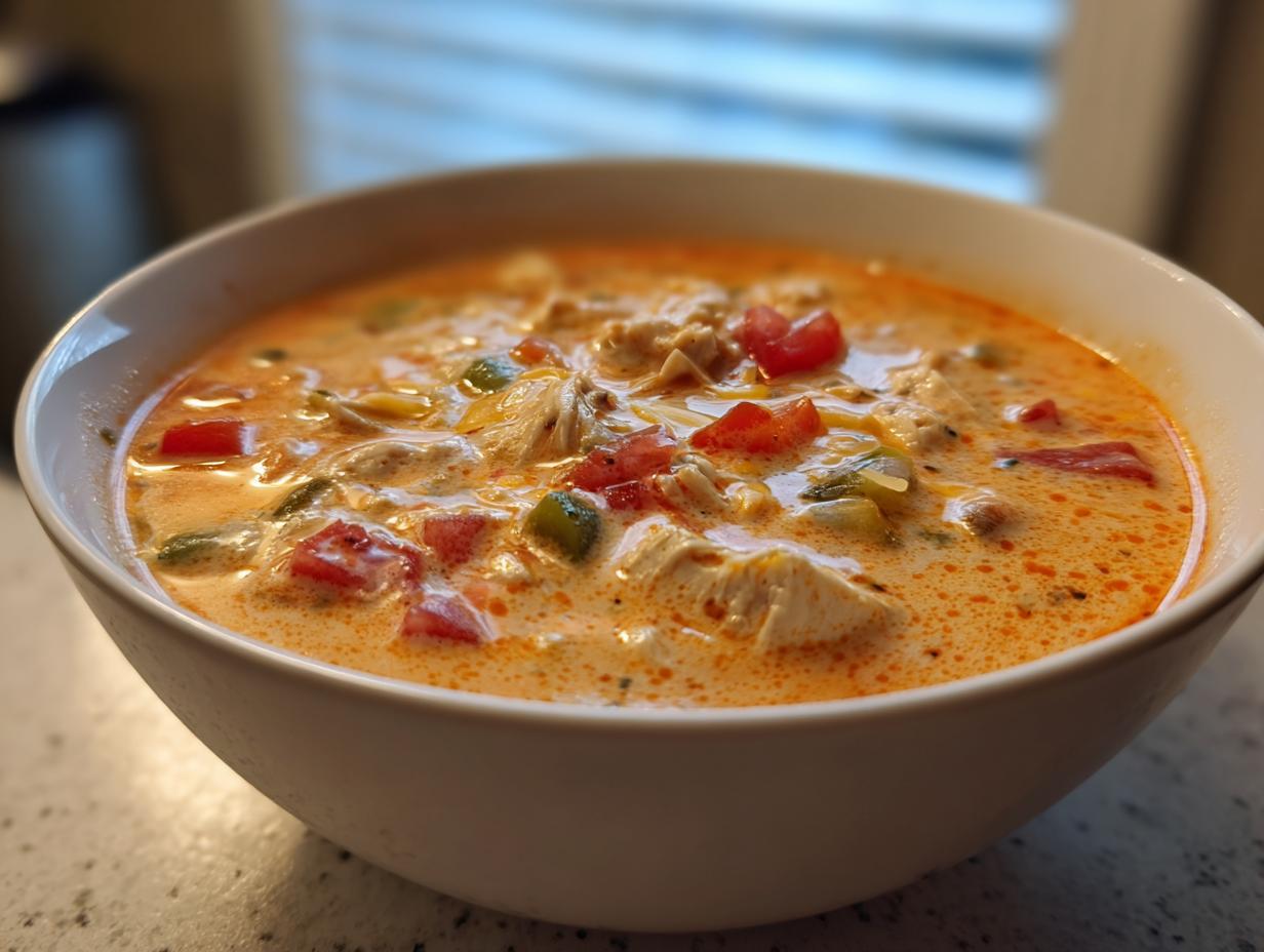 Close-up of a white bowl filled with rich, orange-hued creamy chicken taco soup featuring chunks of chicken, tomatoes, and peppers.