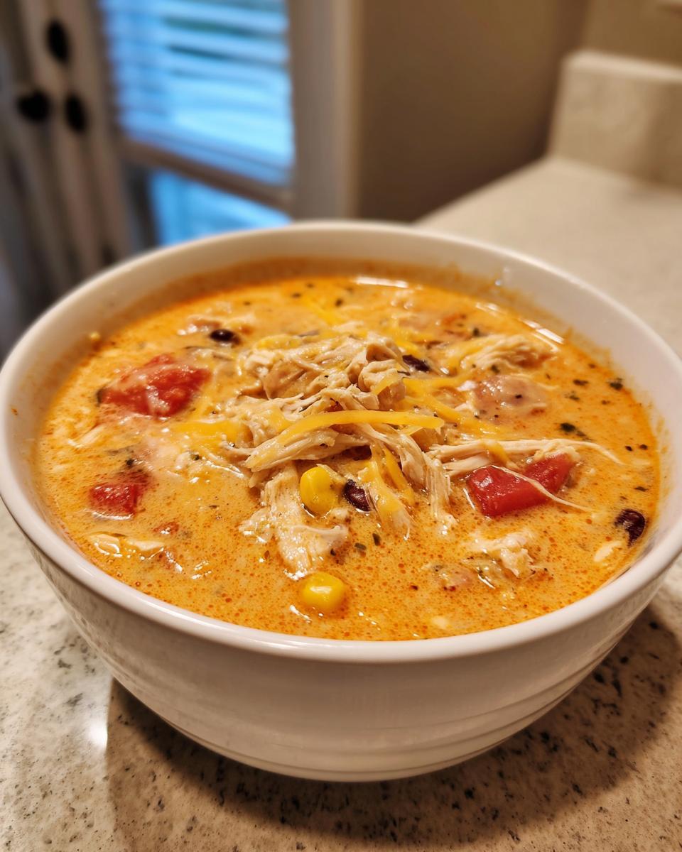 A close-up of a white bowl filled with creamy chicken taco soup, topped with shredded chicken and cheese.
