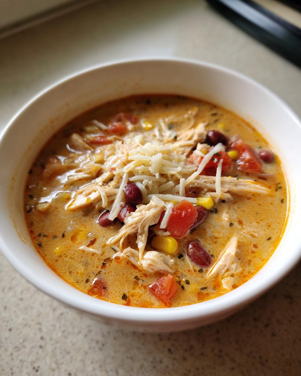 Close-up of a white bowl filled with creamy chicken taco soup, topped with shredded cheese, chicken, corn, and kidney beans.