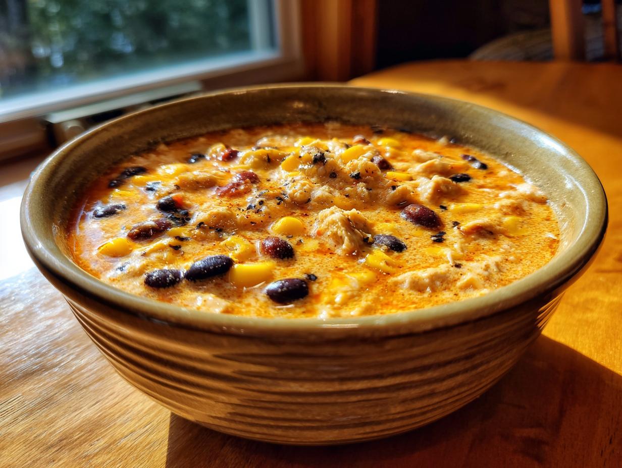 A close-up of creamy chicken taco soup featuring black beans and corn in a rustic bowl.