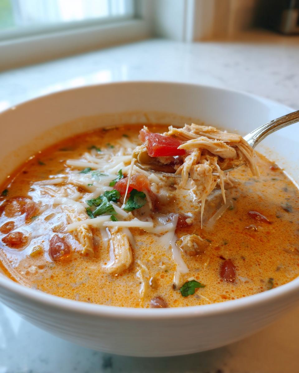 A spoonful of creamy chicken taco soup lifted from a white bowl, showing shredded chicken, tomatoes, and cheese.