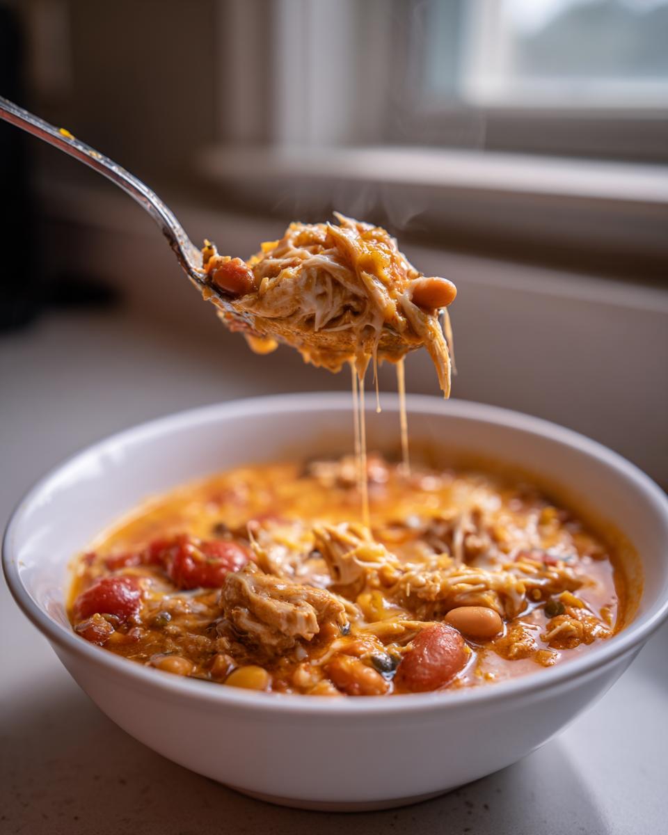 A spoonful of steamy, cheesy creamy chicken taco soup being lifted from a white bowl, showing shredded chicken and beans.