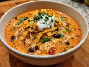 A close-up of creamy chicken tortilla soup filled with shredded chicken, black beans, corn, and topped with tortilla strips, sour cream, and cilantro.