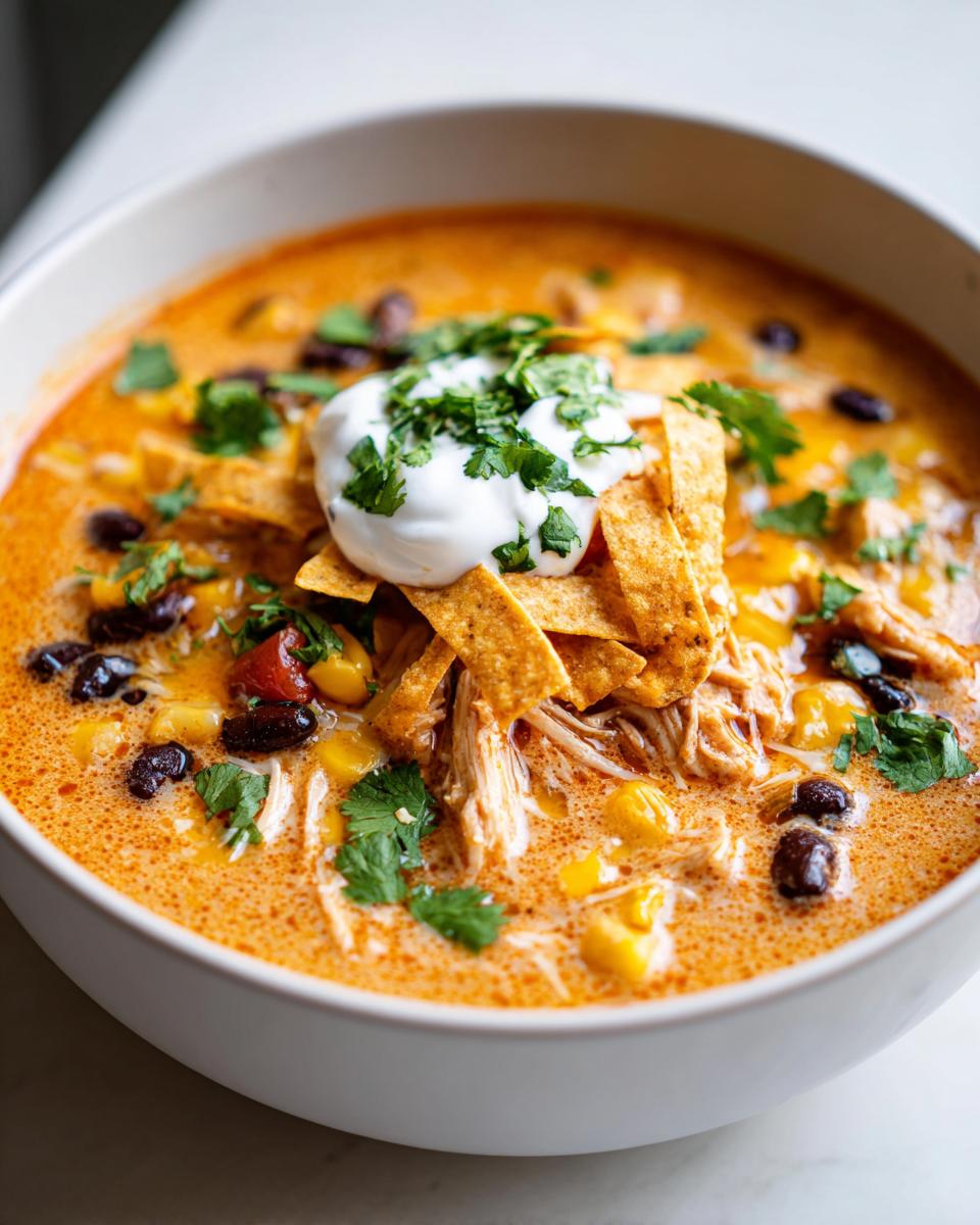 Close-up of a creamy bowl of chicken tortilla soup topped with shredded chicken, black beans, corn, tortilla strips, and sour cream.