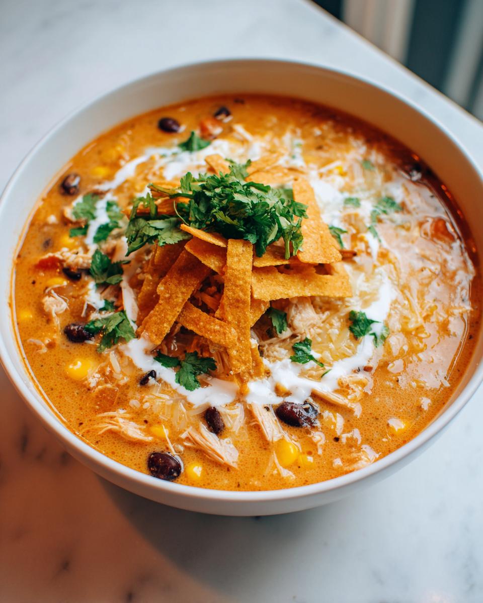 Close-up of a rich, creamy chicken tortilla soup topped with tortilla strips, sour cream, and cilantro.