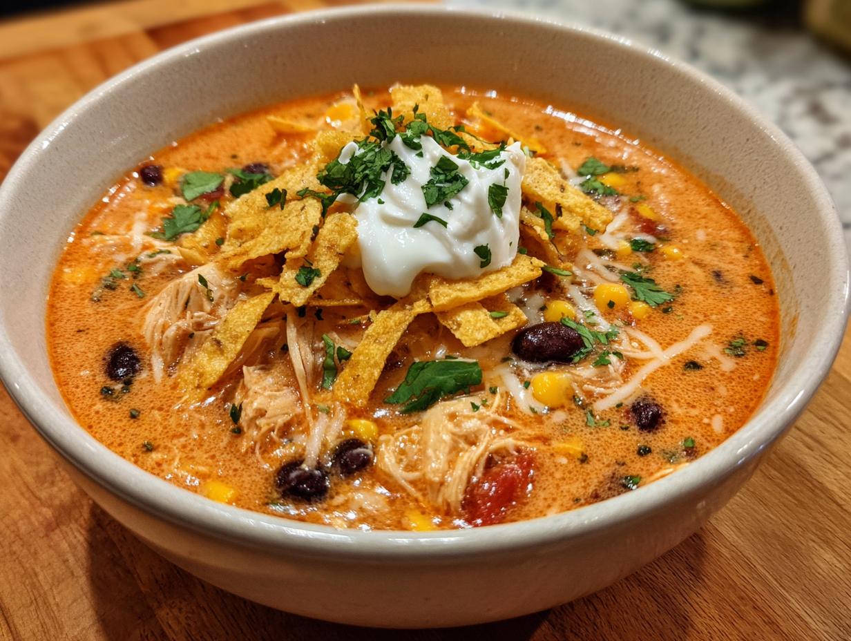 A close-up of creamy chicken tortilla soup filled with shredded chicken, black beans, corn, and topped with tortilla strips, sour cream, and cilantro.