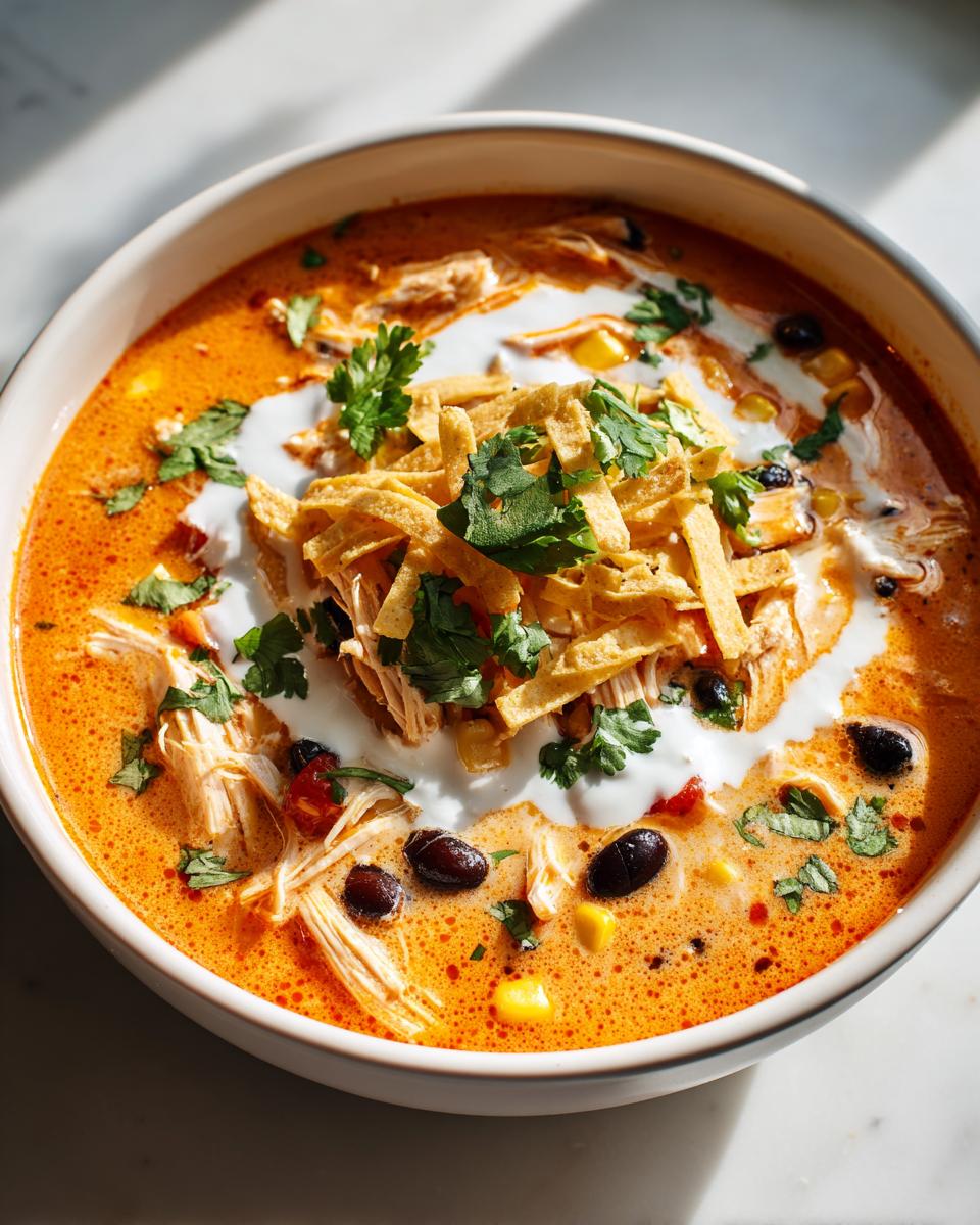 A vibrant bowl of creamy chicken tortilla soup topped with shredded chicken, sour cream, tortilla strips, and cilantro.