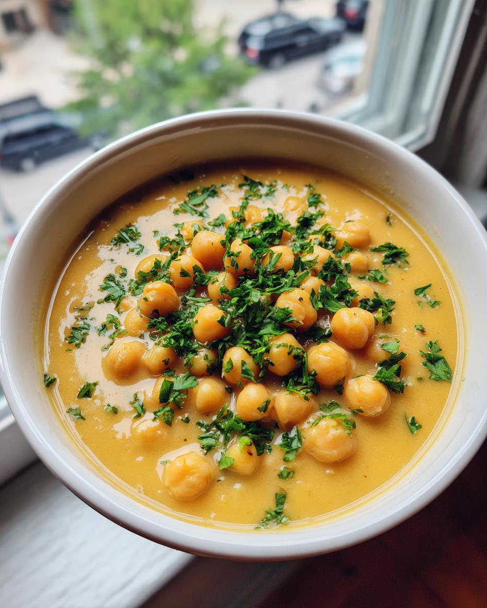 Close-up of a bowl of creamy, yellow chickpea soup topped with whole chickpeas and fresh chopped parsley.