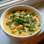 Close-up of a bowl of creamy, yellow chickpea soup generously garnished with chopped fresh parsley.