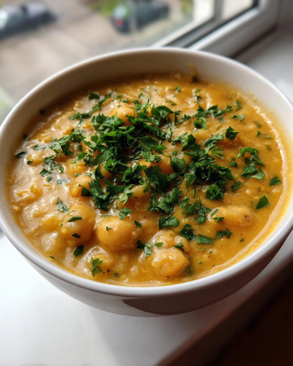 Close-up of a creamy, orange-yellow bowl of chickpea soup topped generously with fresh chopped parsley.