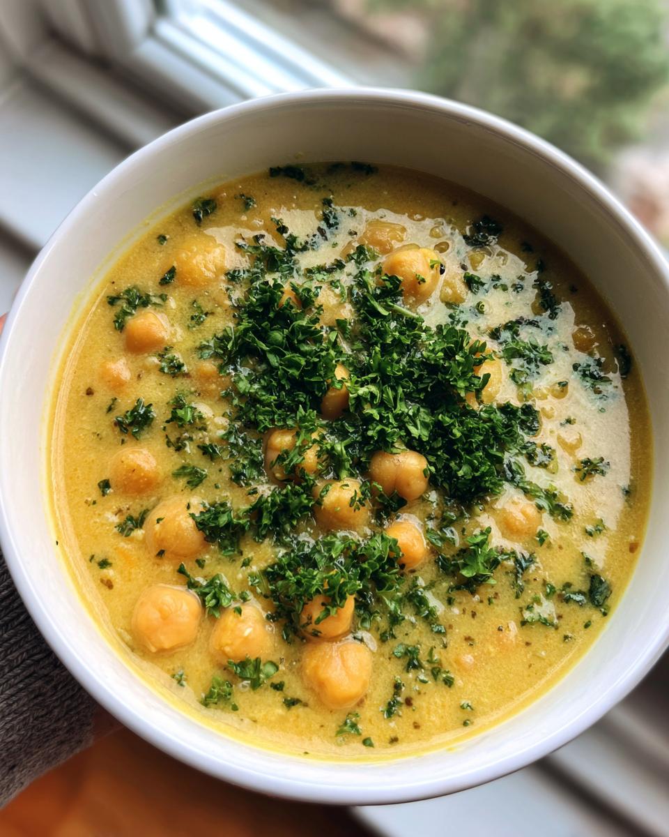 Close-up of a bowl of creamy, yellow chickpea soup generously topped with fresh, chopped parsley.