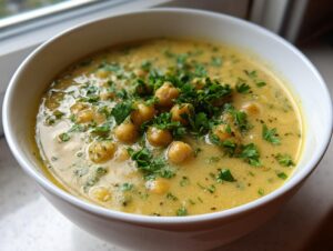 Close-up of a creamy, yellow chickpea soup topped generously with fresh chopped parsley.