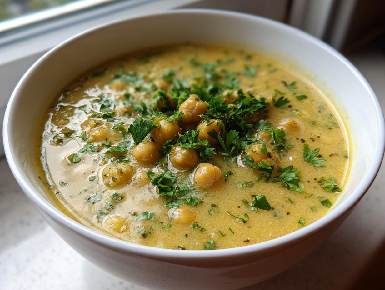 Close-up of a creamy, yellow chickpea soup topped generously with fresh chopped parsley.