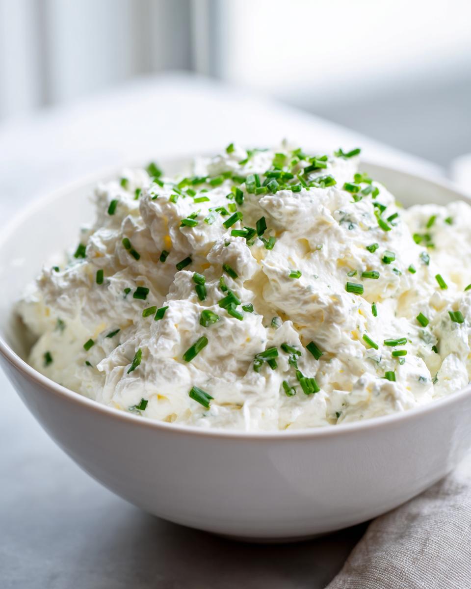 A white bowl filled with fluffy, creamy cold crab dip, generously garnished with chopped green chives.