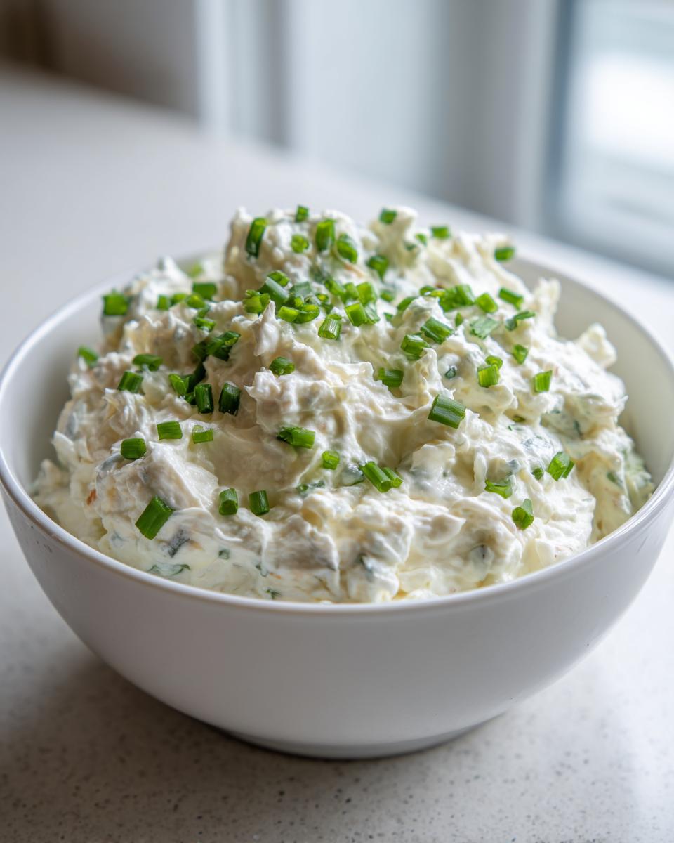 A white bowl filled with creamy cold crab dip, generously garnished with chopped green chives.