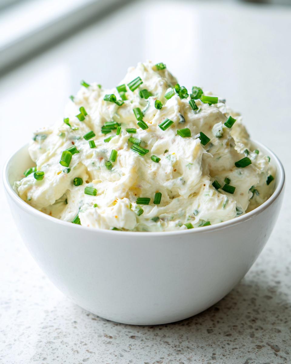 A mound of creamy cold crab dip garnished generously with freshly chopped green chives in a white bowl.