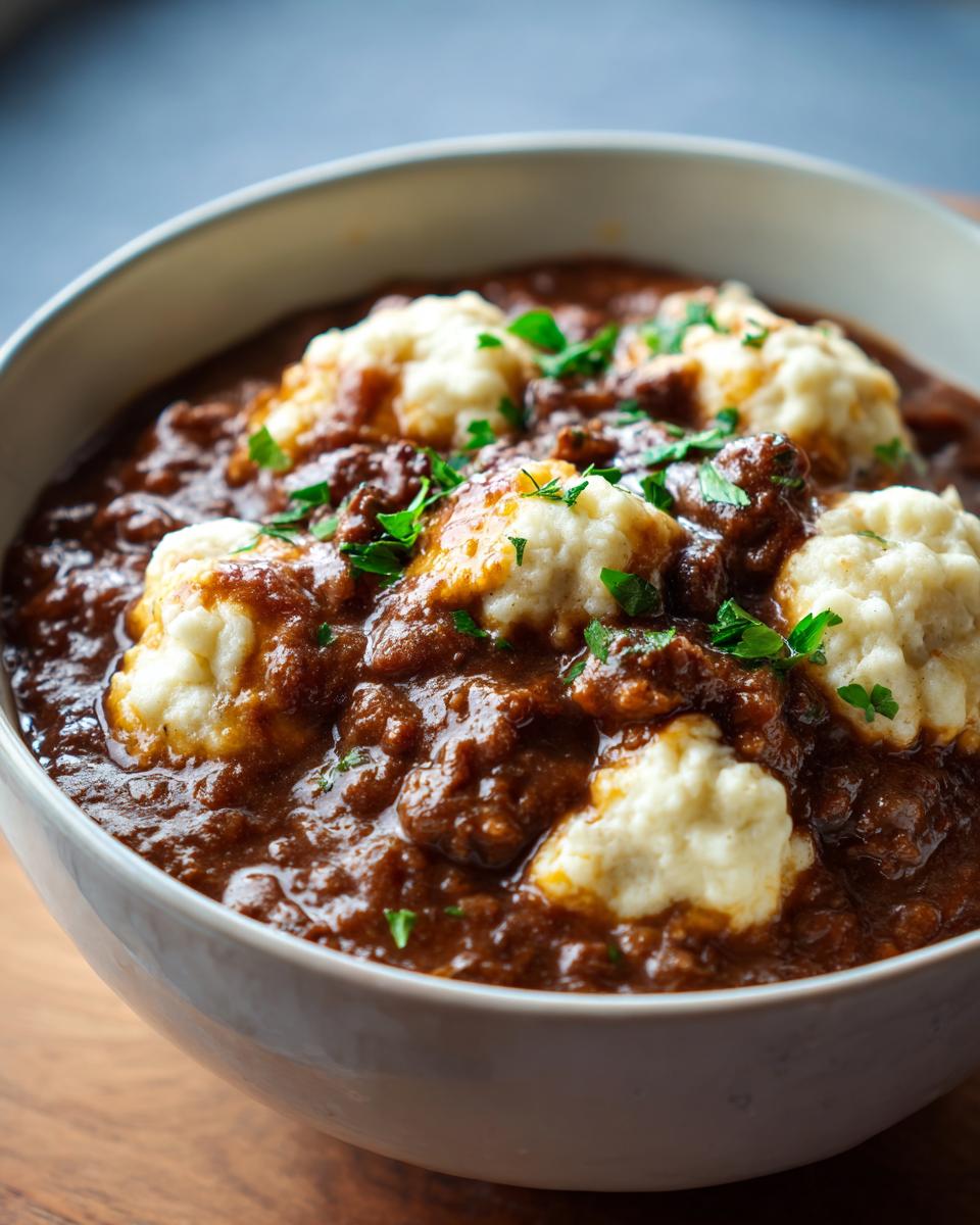Close-up of creamy ground beef and dumplings stew served in a white bowl, garnished with parsley.