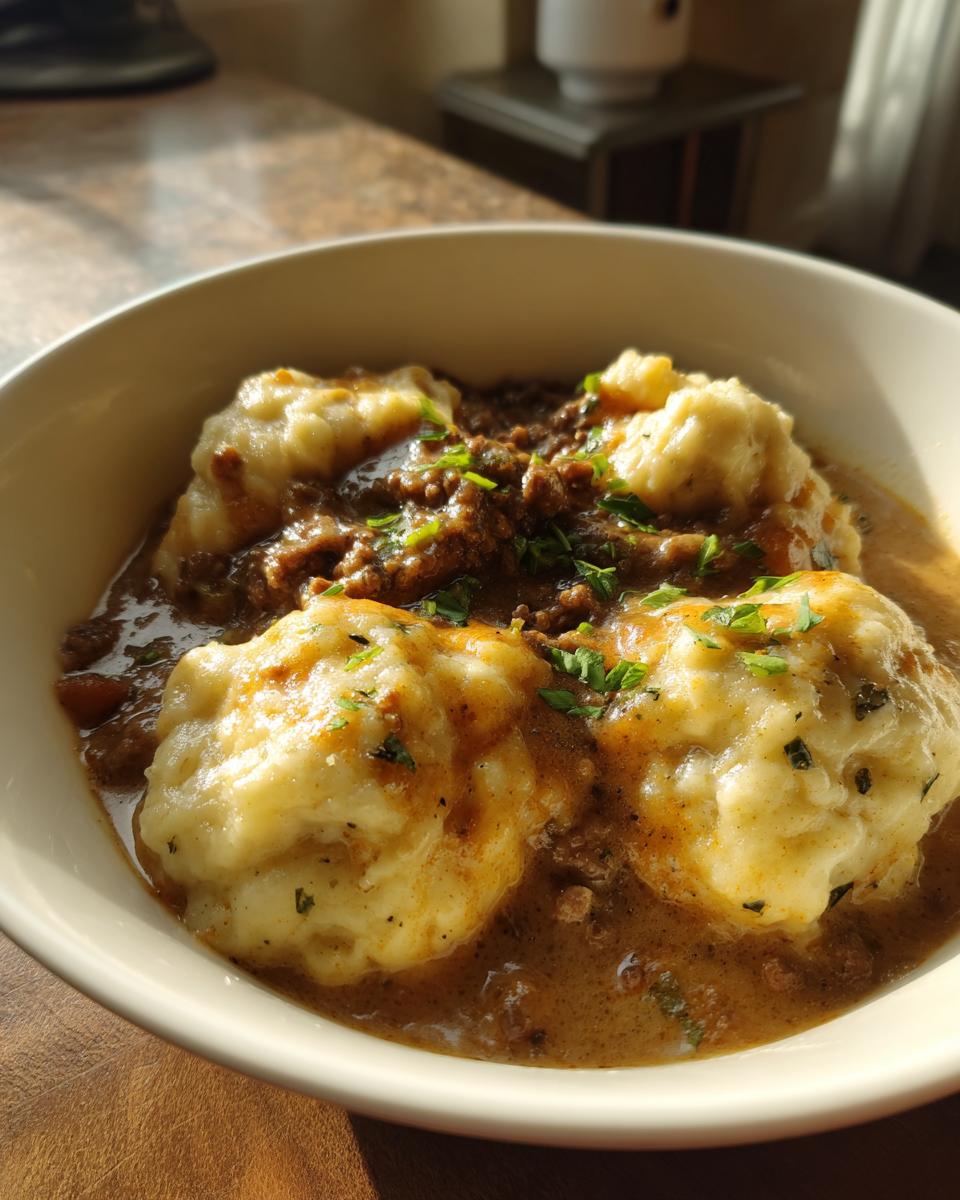 Close-up of a hearty bowl of creamy ground beef and dumplings covered in rich brown gravy and topped with parsley.