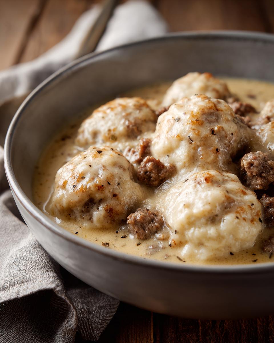 Close-up of creamy ground beef and dumplings served in a rustic grey bowl with rich gravy.