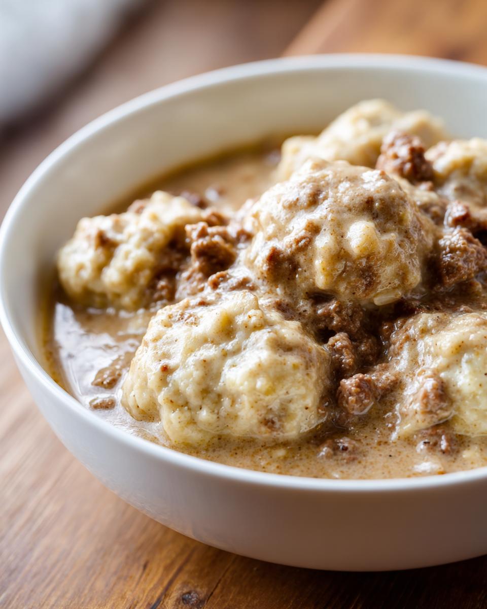Close-up of tender dumplings smothered in a rich, creamy ground beef and dumplings sauce served in a white bowl.