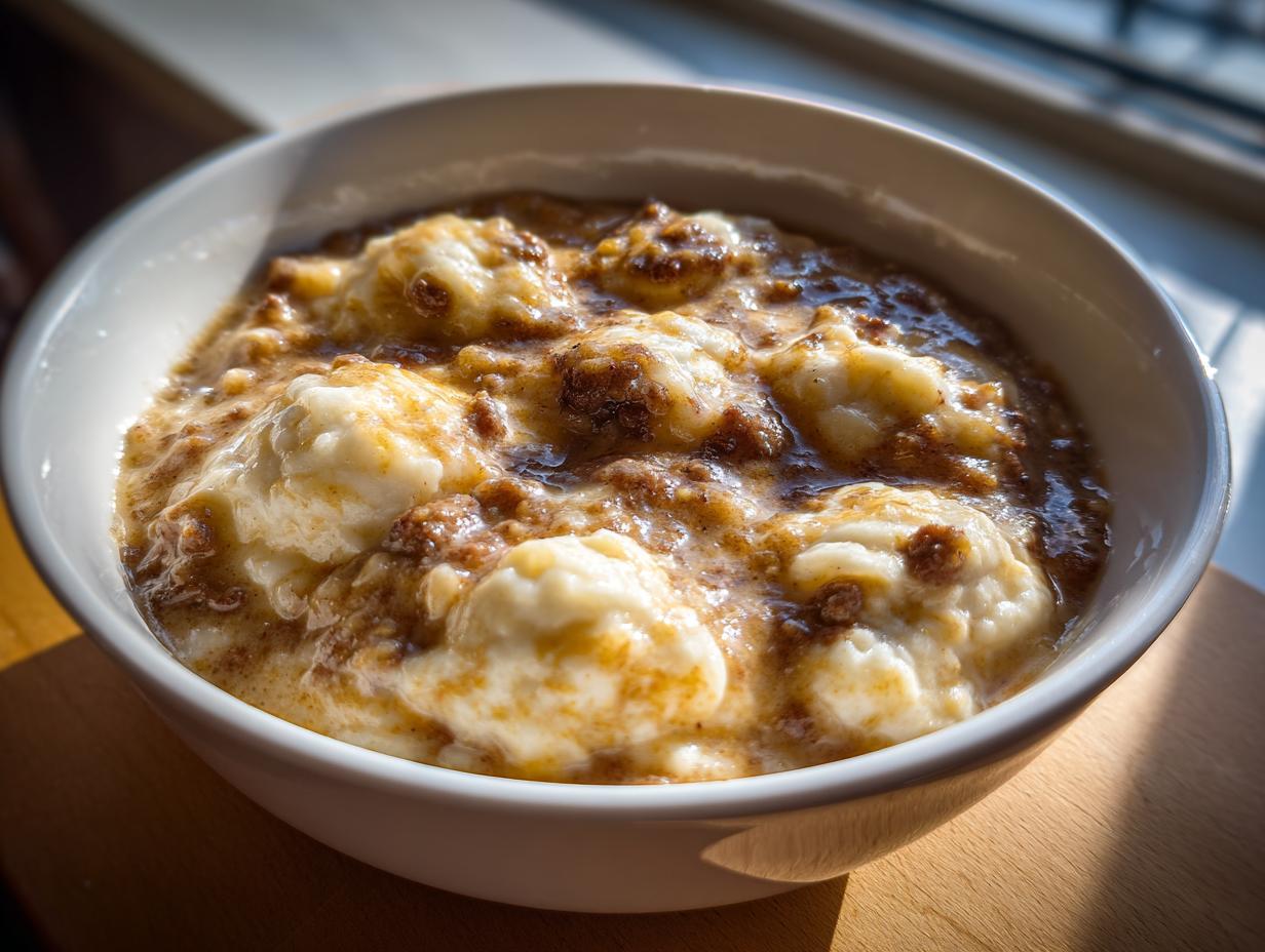 Close-up of a white bowl filled with creamy ground beef and dumplings smothered in rich brown gravy.