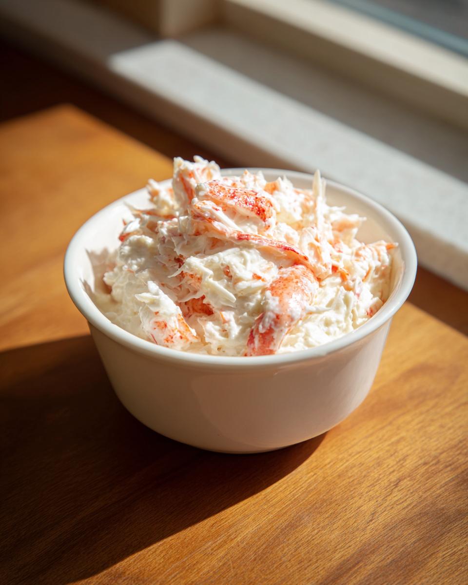 Close-up of a white bowl filled with creamy imation crab dip, featuring shredded white and pink imitation crab meat.